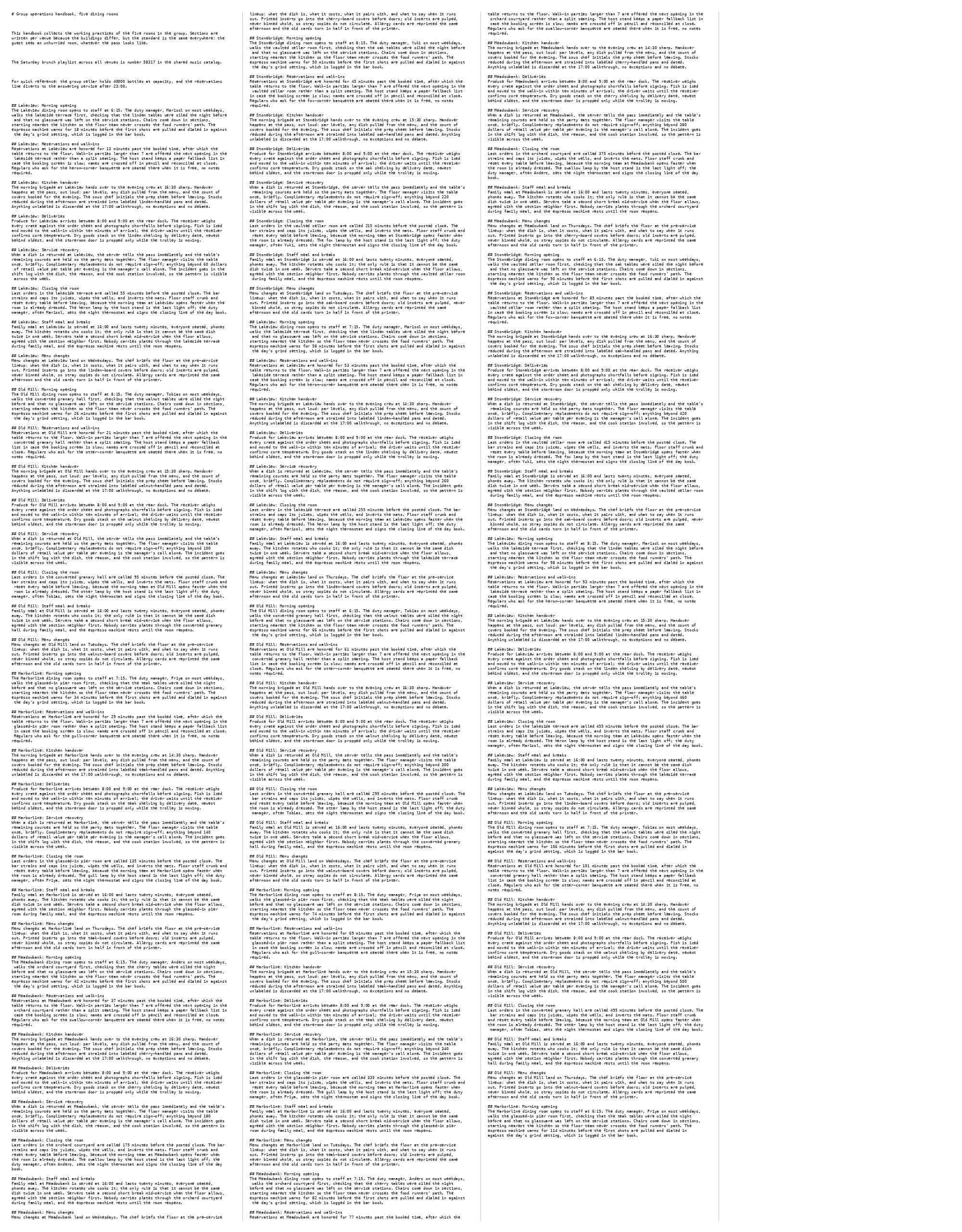The same handbook rendered at font 8, four columns: the entire document packed onto a single dense page.